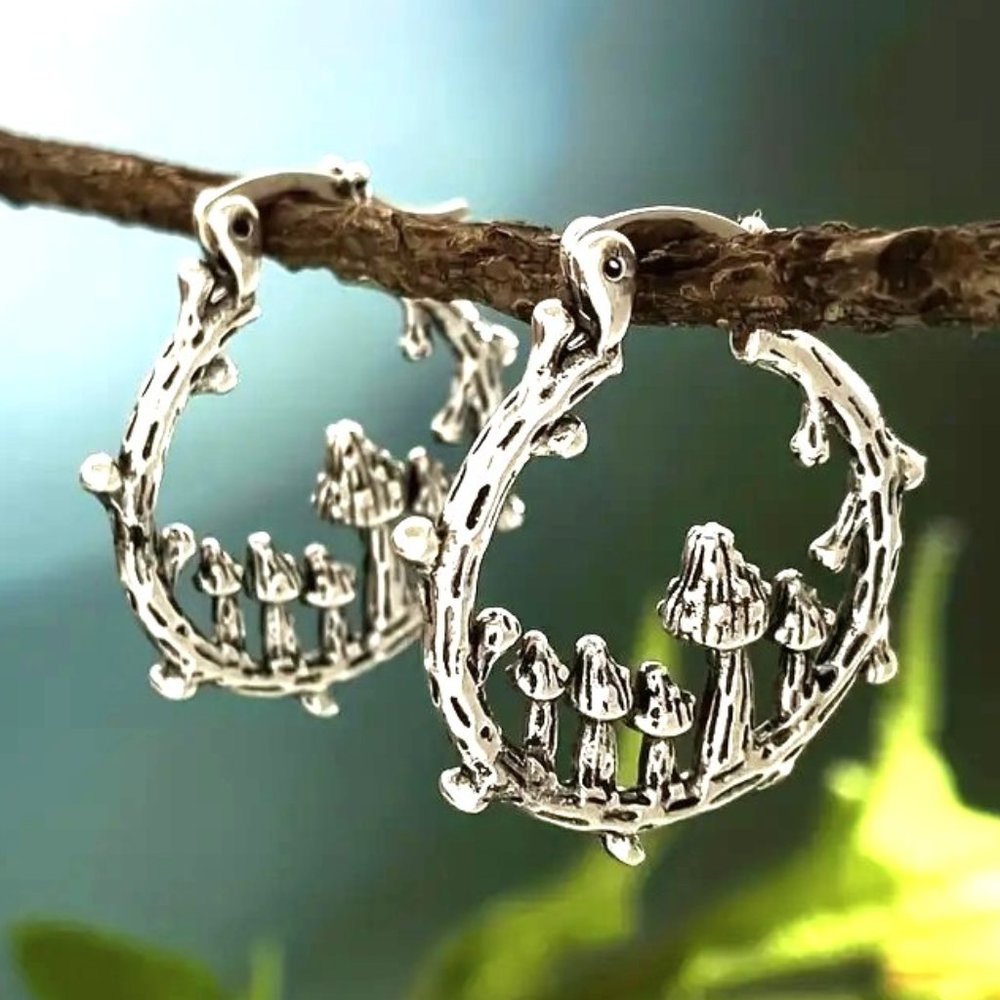 Earrings Mushroom Hoop 3D Retro Bohemian Style Silver Alloy Groovy Wonderland